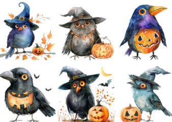 Watercolor Funny Halloween Bird Clipart t shirt design for sale