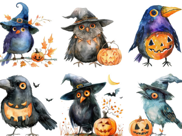 Watercolor funny halloween bird clipart t shirt design for sale