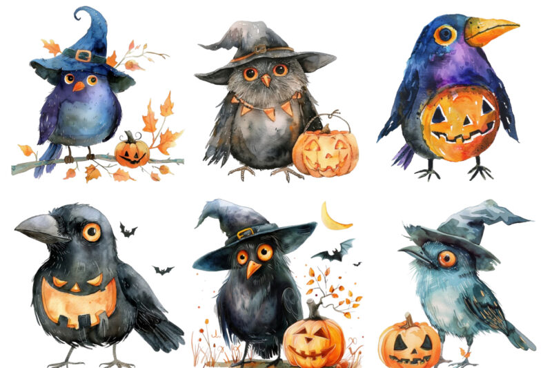 Watercolor Funny Halloween Bird Clipart