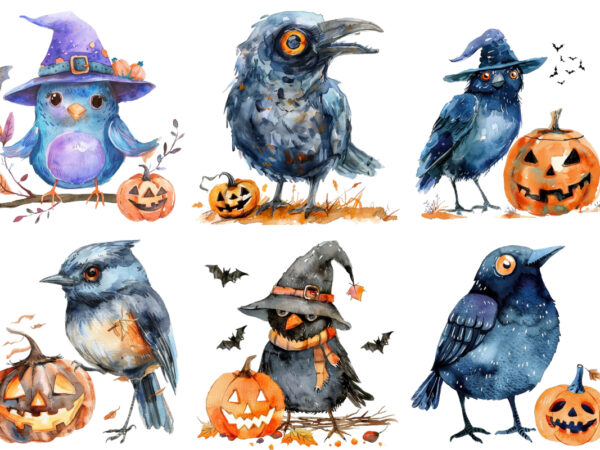 Watercolor funny halloween bird clipart t shirt design for sale