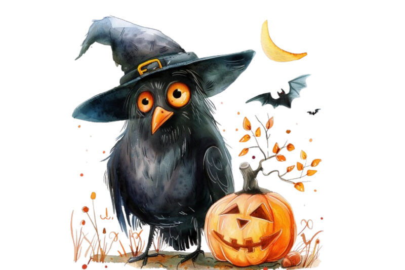 Watercolor Funny Halloween Bird Clipart