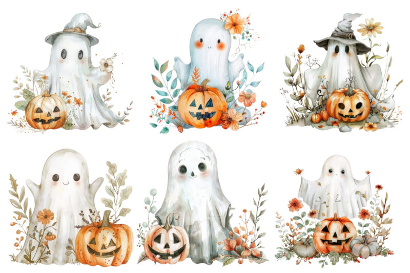 Watercolor Halloween Cute Ghost with Pumpkin