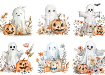 Watercolor Halloween Cute Ghost with Pumpkin