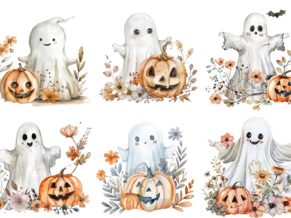 Watercolor halloween cute ghost with pumpkin t shirt design for sale