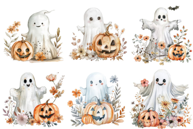 Watercolor Halloween Cute Ghost with Pumpkin