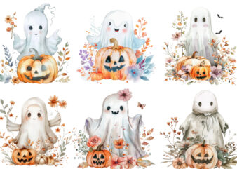 Watercolor Halloween Cute Ghost with Pumpkin t shirt design for sale