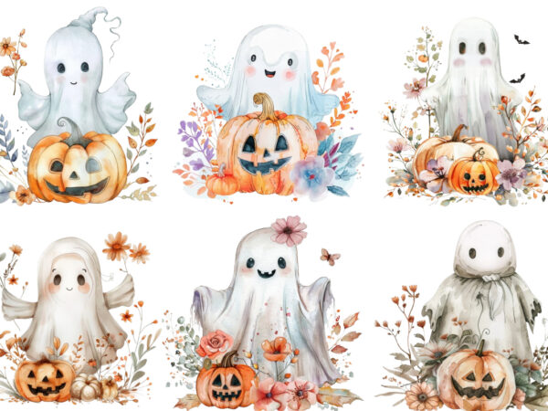 Watercolor halloween cute ghost with pumpkin t shirt design for sale