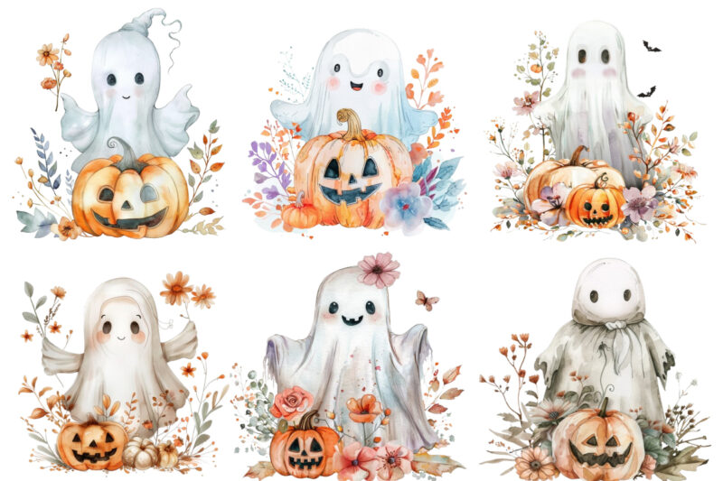 Watercolor Halloween Cute Ghost with Pumpkin