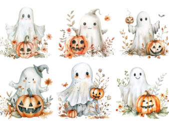 Watercolor Halloween Cute Ghost with Pumpkin t shirt design for sale