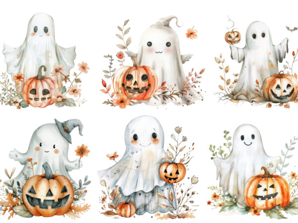 Watercolor halloween cute ghost with pumpkin t shirt design for sale