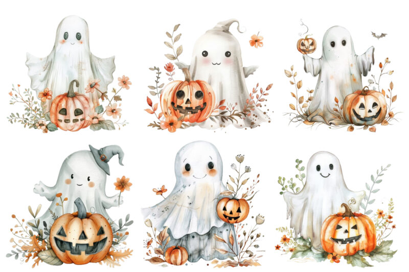 Watercolor Halloween Cute Ghost with Pumpkin