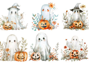 Watercolor Halloween Cute Ghost with Pumpkin