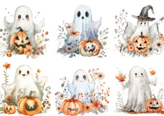 Watercolor Halloween Cute Ghost with Pumpkin