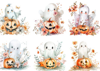 Watercolor Halloween Cute Ghost with Pumpkin t shirt design for sale