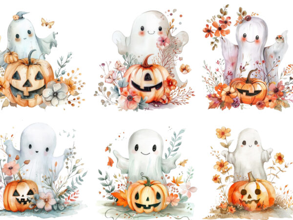 Watercolor halloween cute ghost with pumpkin t shirt design for sale