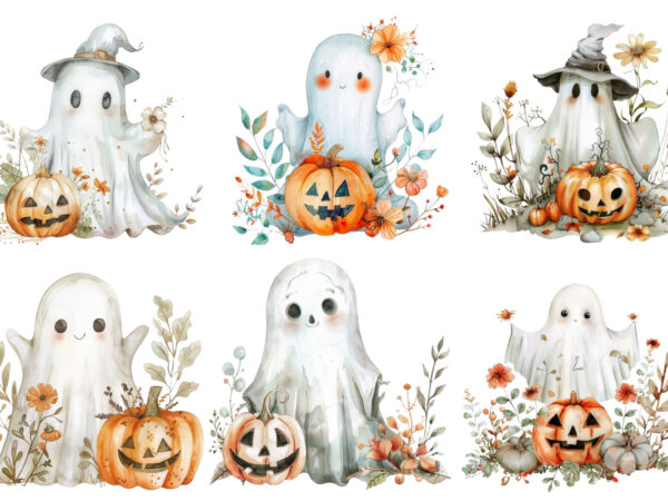 Watercolor halloween cute ghost with pumpkin t shirt design for sale