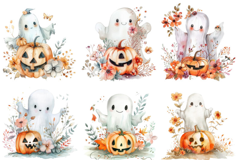 Watercolor Halloween Cute Ghost with Pumpkin