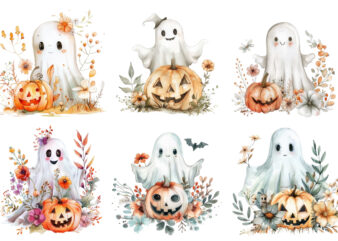 Watercolor Halloween Cute Ghost with Pumpkin