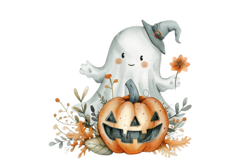 Watercolor Halloween Cute Ghost with Pumpkin