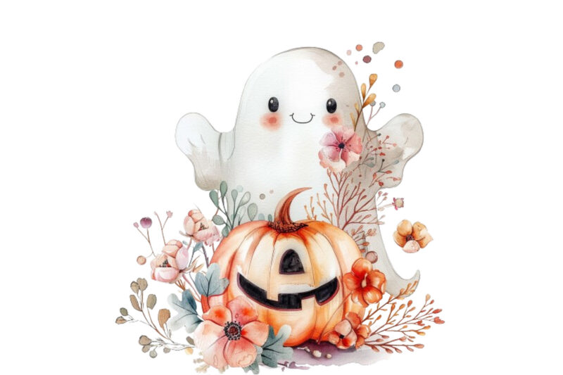 Watercolor Halloween Cute Ghost with Pumpkin