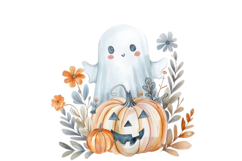 Watercolor Halloween Cute Ghost with Pumpkin