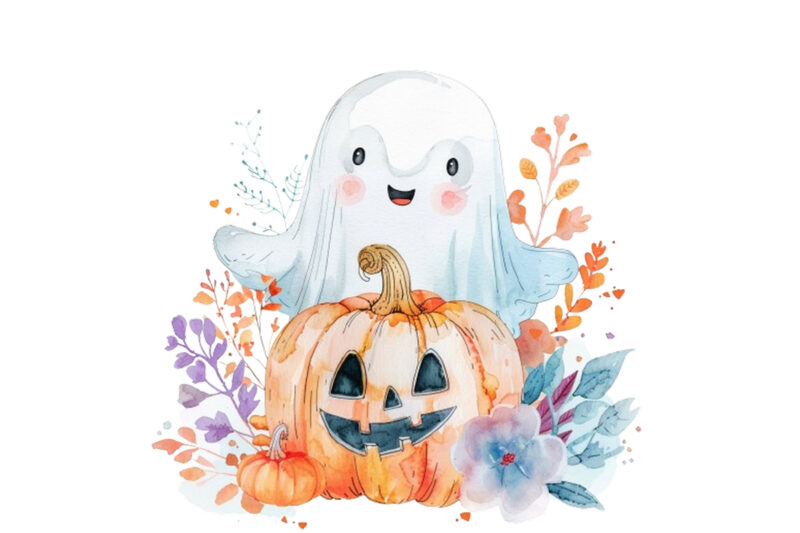 Watercolor Halloween Cute Ghost with Pumpkin