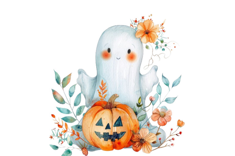 Watercolor Halloween Cute Ghost with Pumpkin