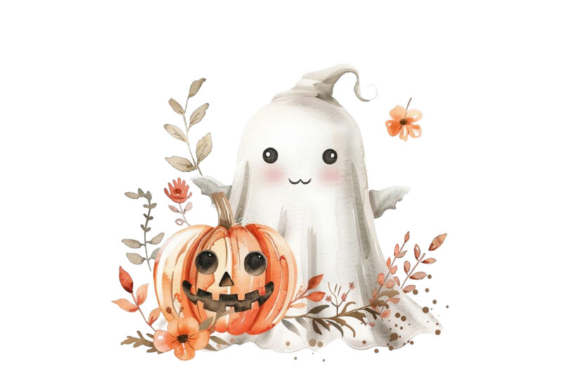 Watercolor Halloween Cute Ghost with Pumpkin