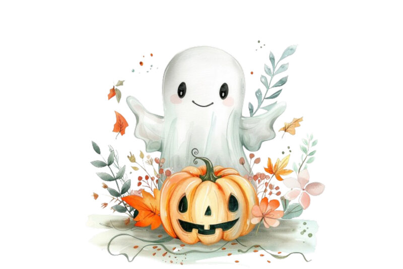 Watercolor Halloween Cute Ghost with Pumpkin