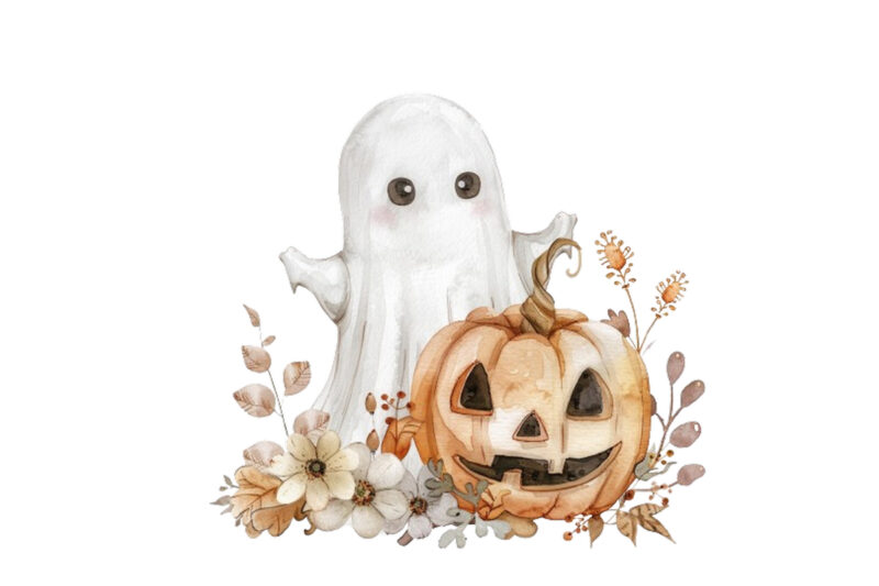 Watercolor Halloween Cute Ghost with Pumpkin