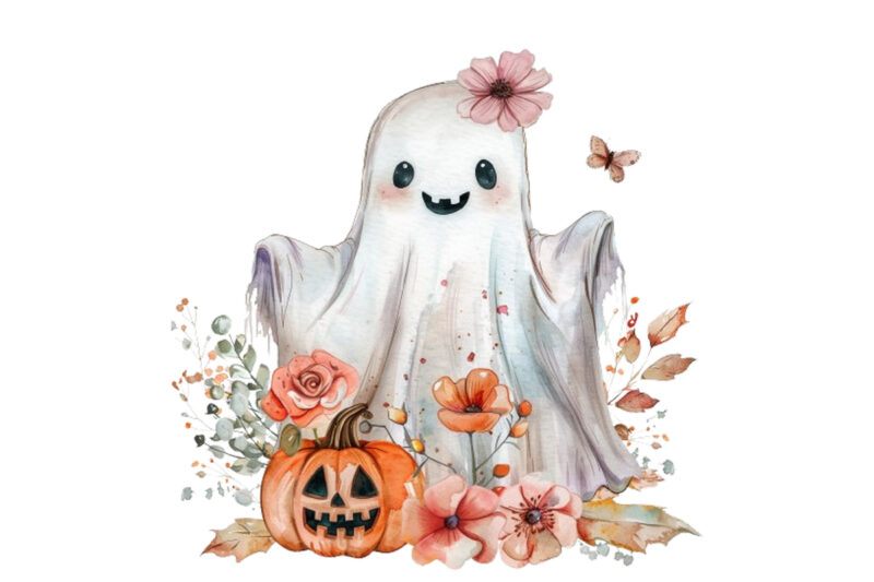 Watercolor Halloween Cute Ghost with Pumpkin