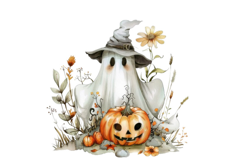 Watercolor Halloween Cute Ghost with Pumpkin