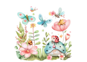 Watercolor Kawaii Butterfly and Bug Nursery t shirt design for sale