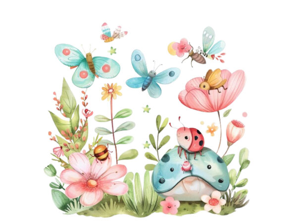 Watercolor kawaii butterfly and bug nursery t shirt design for sale