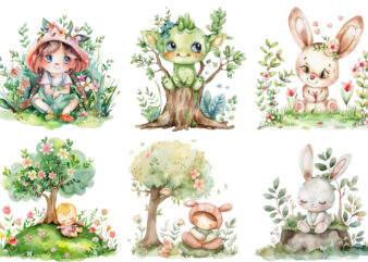 Watercolor Cute Easter Bunny with tree Clipart t shirt design for sale