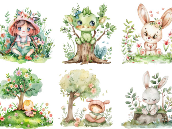 Watercolor cute easter bunny with tree clipart t shirt design for sale