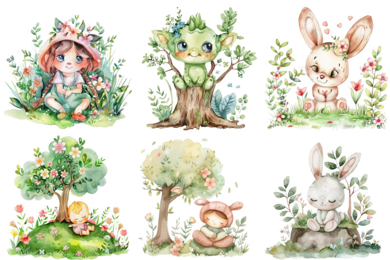 Watercolor Cute Easter Bunny with tree Clipart