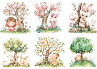 Watercolor Cute Easter Bunny with tree Clipart t shirt design for sale