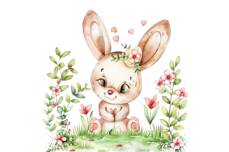 Watercolor Cute Easter Bunny with tree Clipart