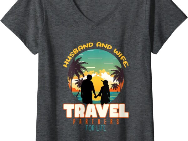 Womens couple vacation matching travel trip traveler husband wife v-neck t-shirt