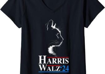 Womens Harris Waltz 2024 Election Funny Cat Kamala Harris Tim Walz V-Neck T-Shirt