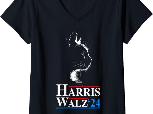 Womens harris waltz 2024 election funny cat kamala harris tim walz v-neck t-shirt