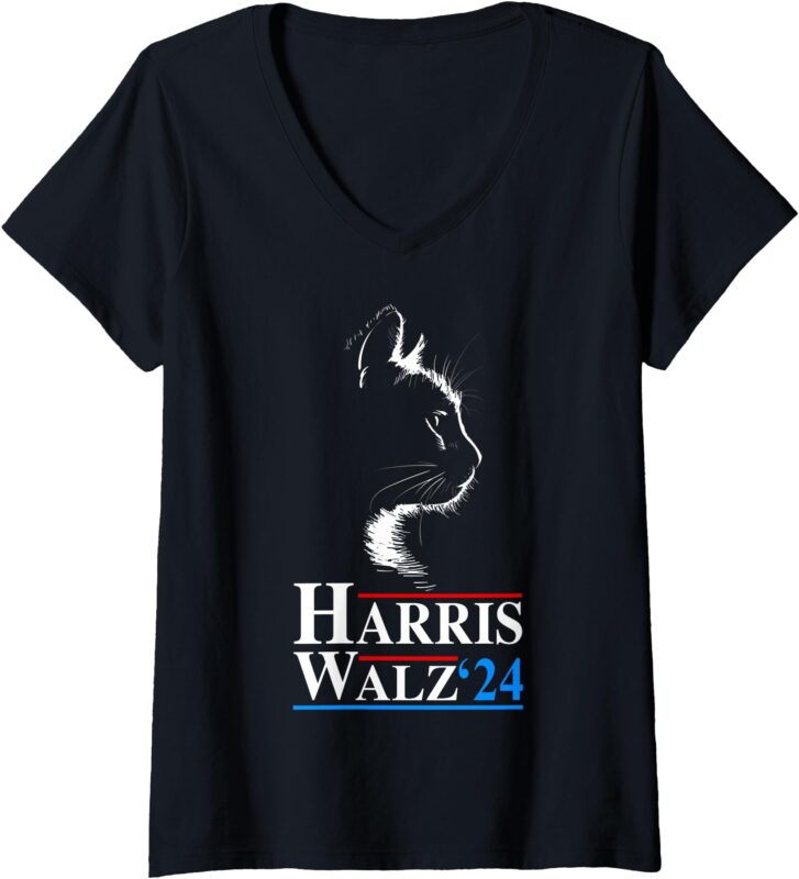 Womens Harris Waltz 2024 Election Funny Cat Kamala Harris Tim Walz V-Neck T-Shirt