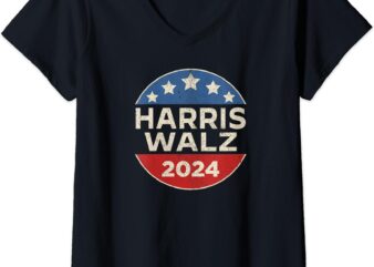 Womens Harris Walz 2024 Retro Button Election for Democrats Waltz V-Neck T-Shirt