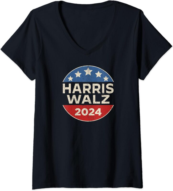 Womens Harris Walz 2024 Retro Button Election for Democrats Waltz V-Neck T-Shirt