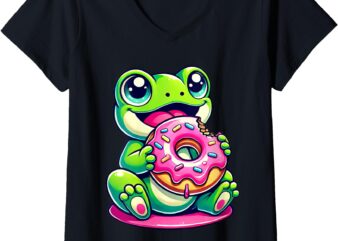 Womens Kawaii Frog Eating Donut V-Neck T-Shirt