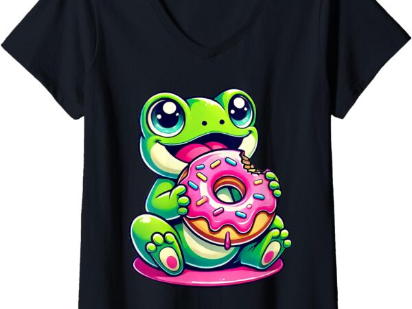 Womens kawaii frog eating donut v-neck t-shirt