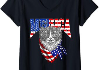 Womens Merica Cat Happy 4th Of July American Flag Great Family Gift V-Neck T-Shirt