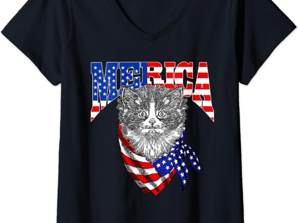 Womens merica cat happy 4th of july american flag great family gift v-neck t-shirt