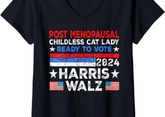 Womens Post-Menopausal Childless Cat Lady Ready to Vote KAMALA V-Neck T-Shirt